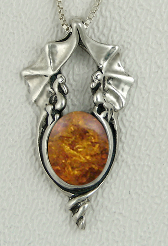 Sterling Silver Proud Pair of Dragons Pendant With Amber
